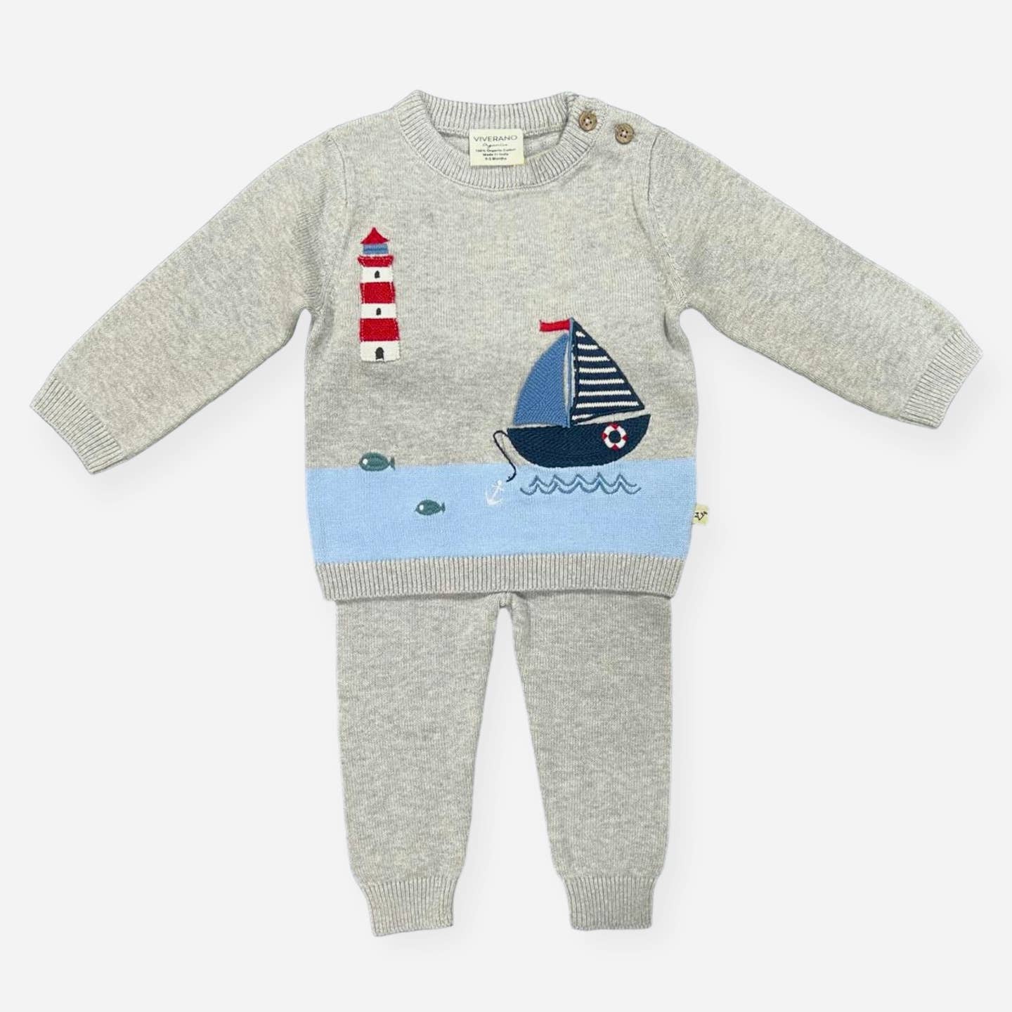 Lighthouse & Boat Baby Knit Pullover & Pants Set (Organic) | Grey Heather