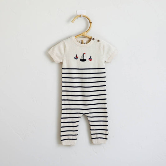 Sailboat Embroidered Knit Short Sleeve Baby Jumpsuit Organic