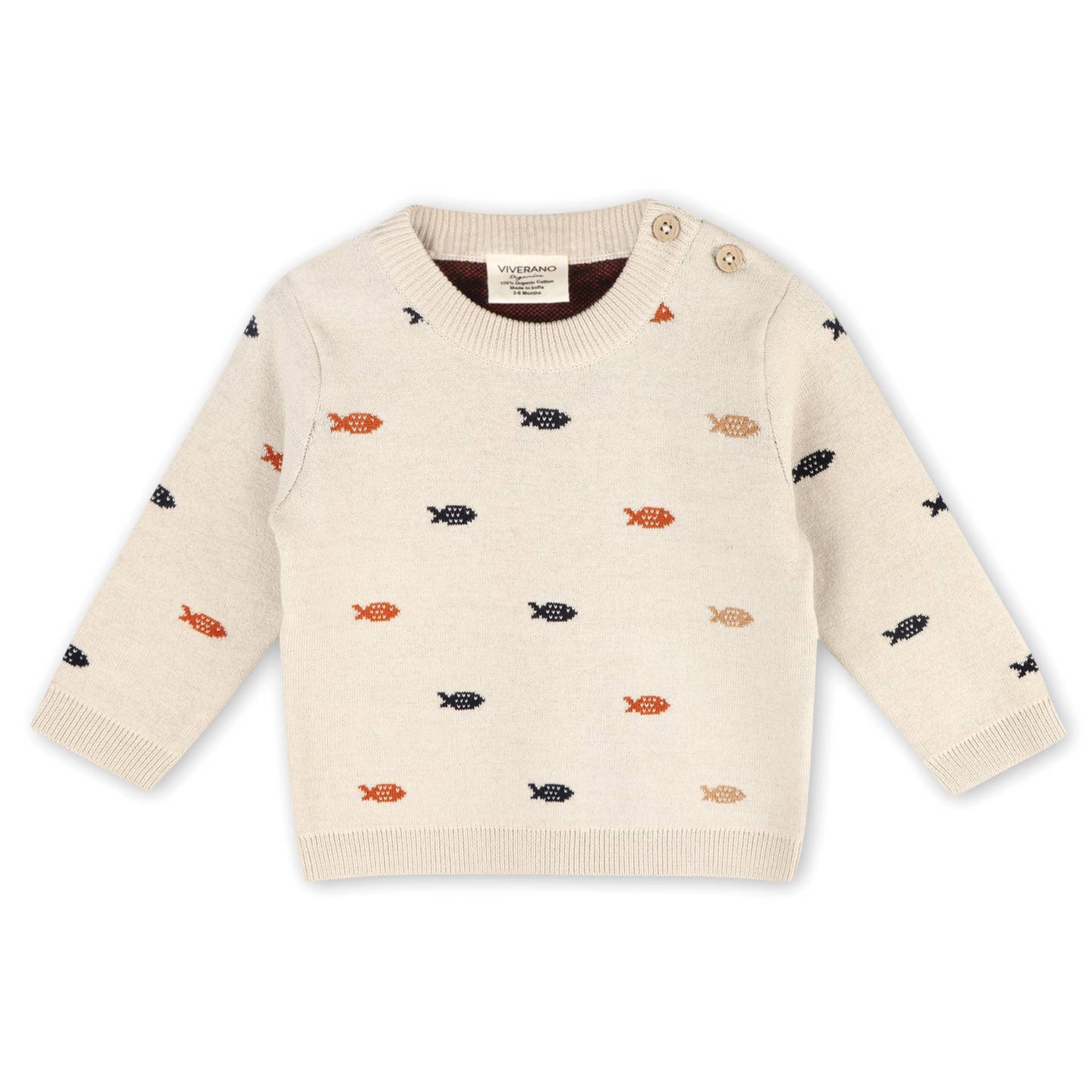 Fishes Jacquard Knit Baby Pullover Sweater (Organic Cotton) | Stone