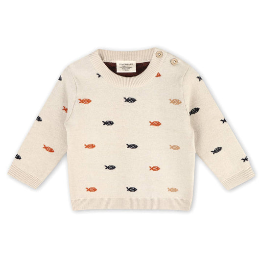 Fishes Jacquard Knit Baby Pullover Sweater (Organic Cotton) | Stone