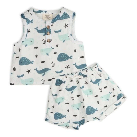Whales Baby Top + Shorts (Organic Muslin)