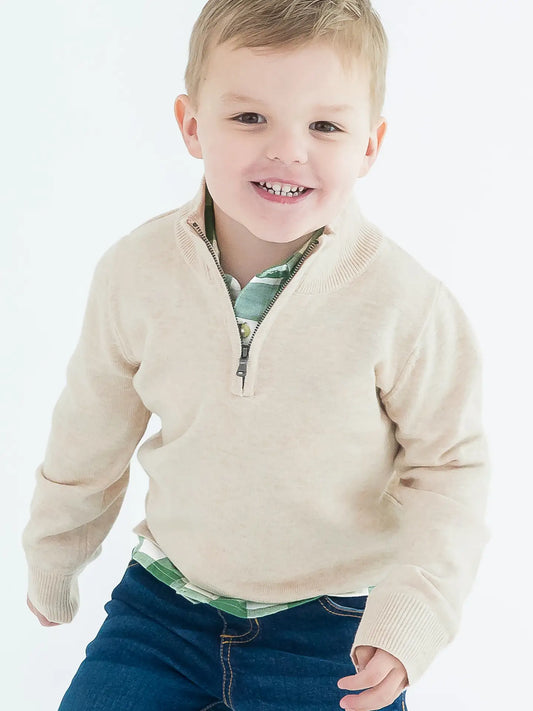 Boys Heather Oatmeal Quarter-Zip Sweater