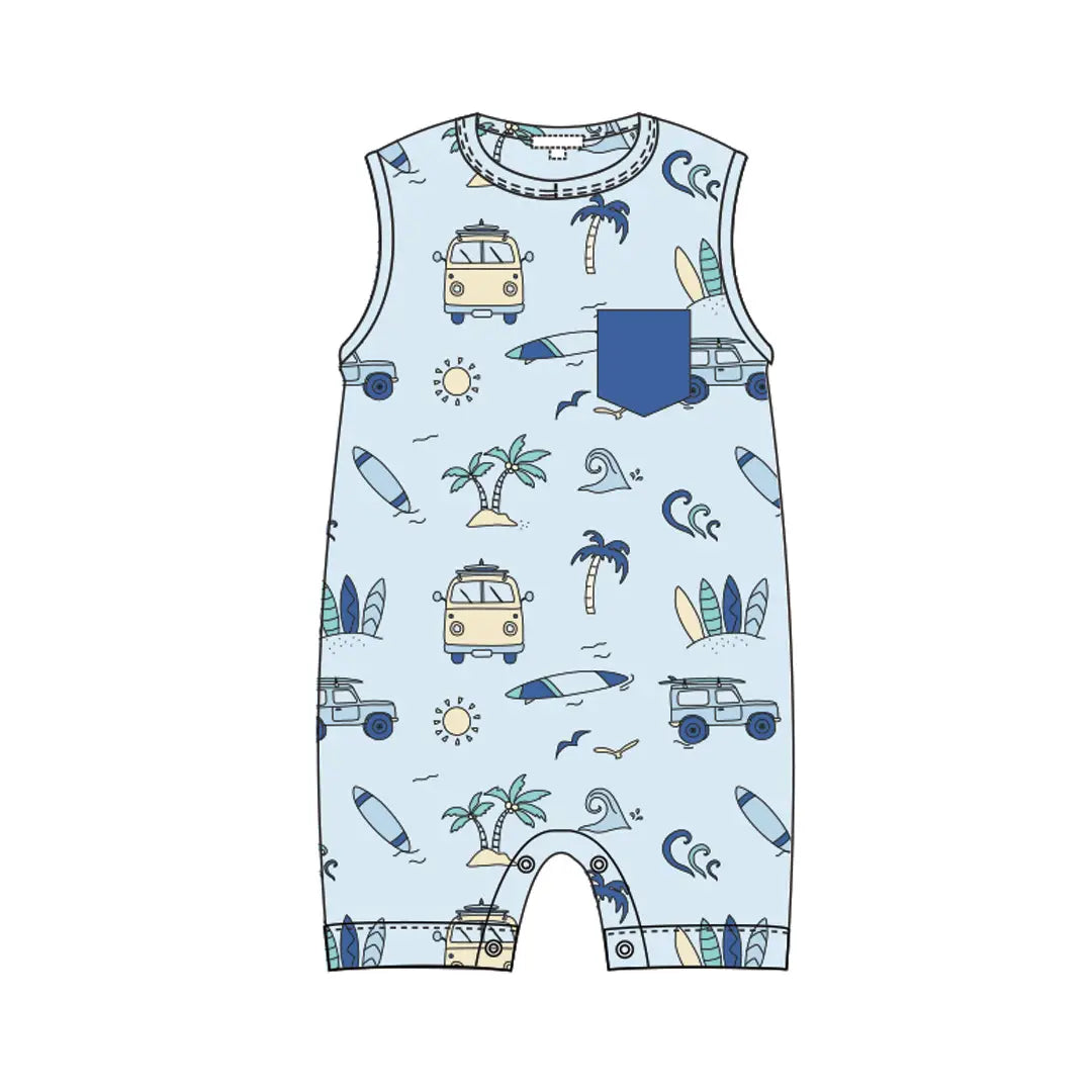 Let's Go Surfing Boy Romper in Blue