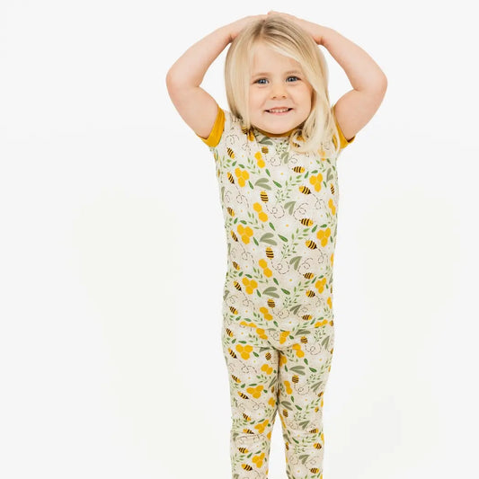 Happy Honey Bees Bamboo Short Sleeve Kids Pajama Pants Set