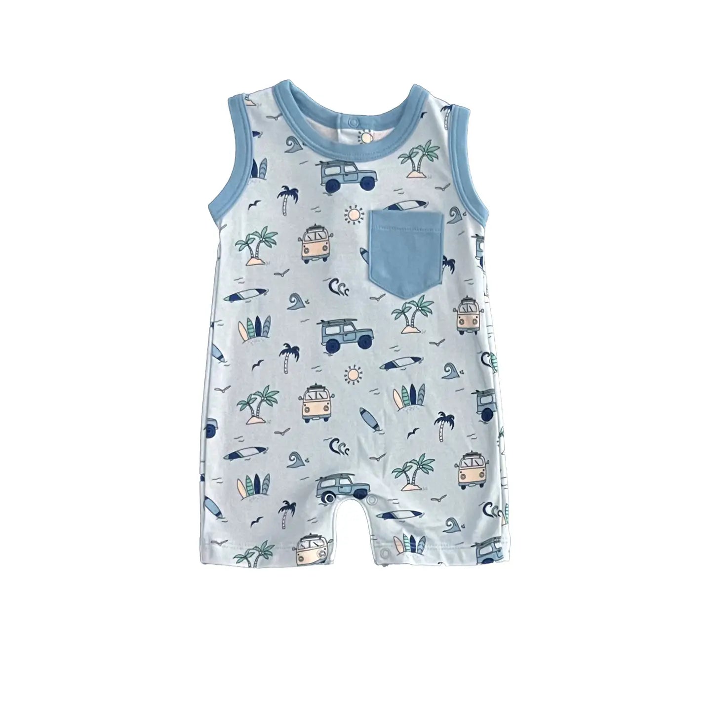 Let's Go Surfing Boy Romper in Blue