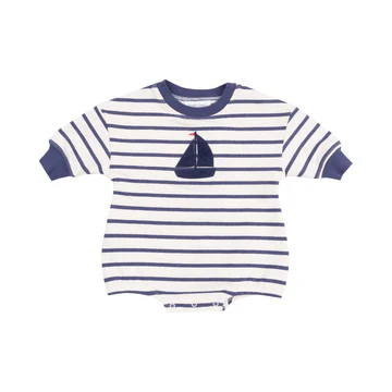 FRENCH TERRY SWEATSHIRT BUBBLE WITH SAILBOAT APPLIQUE - NAVY STRIPE