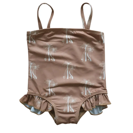 Brown Palm Little Surfer Girl Swim One-Piece